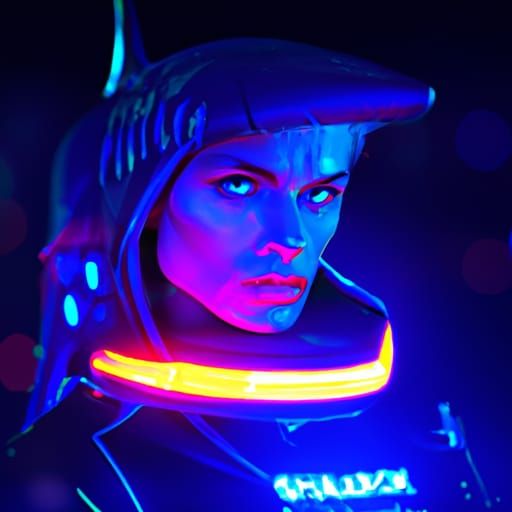 Cyberpunk Female Shark Hybrid in Neon Cityscape