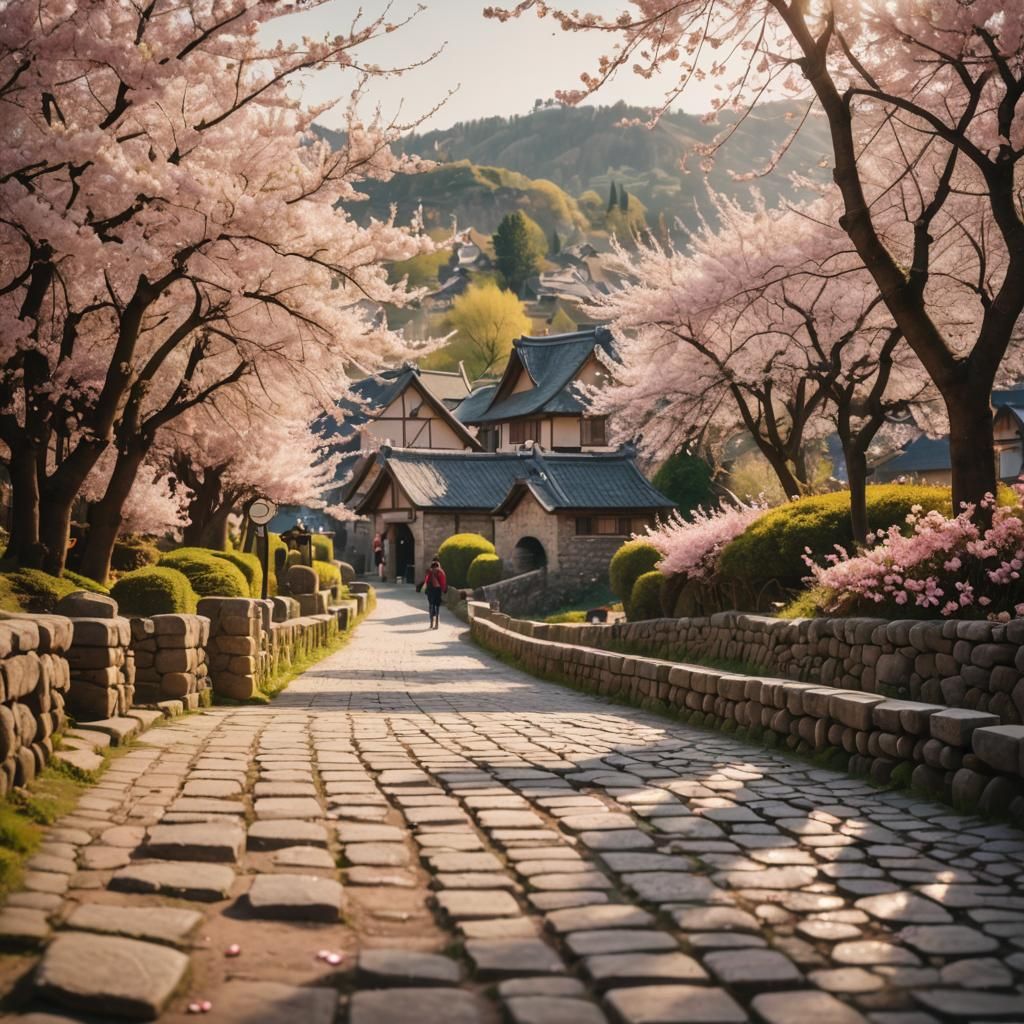 Idyllic Village Scene with Cherry Blossoms