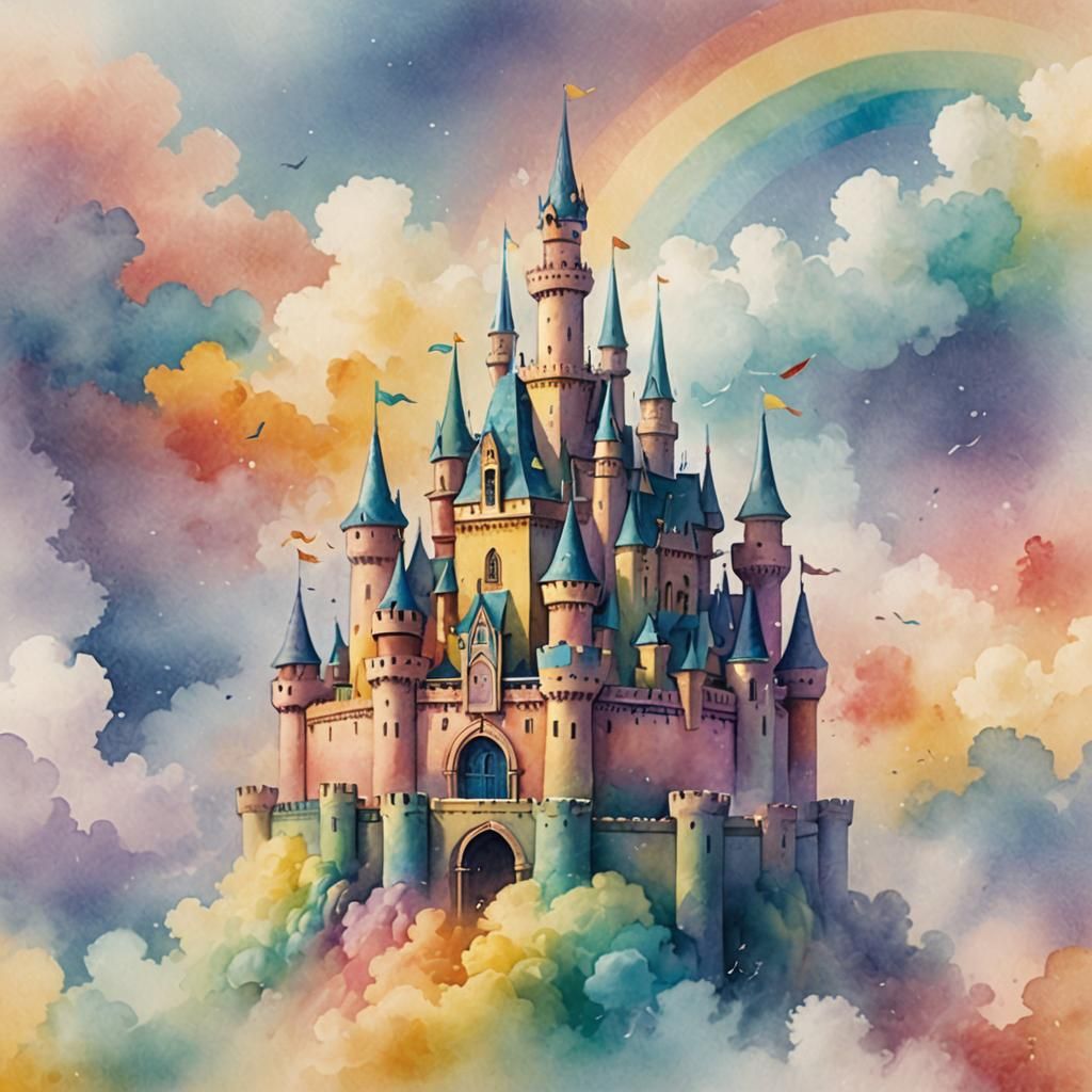 Ethereal Rainbow Castle in Dreamlike Pastel Haze