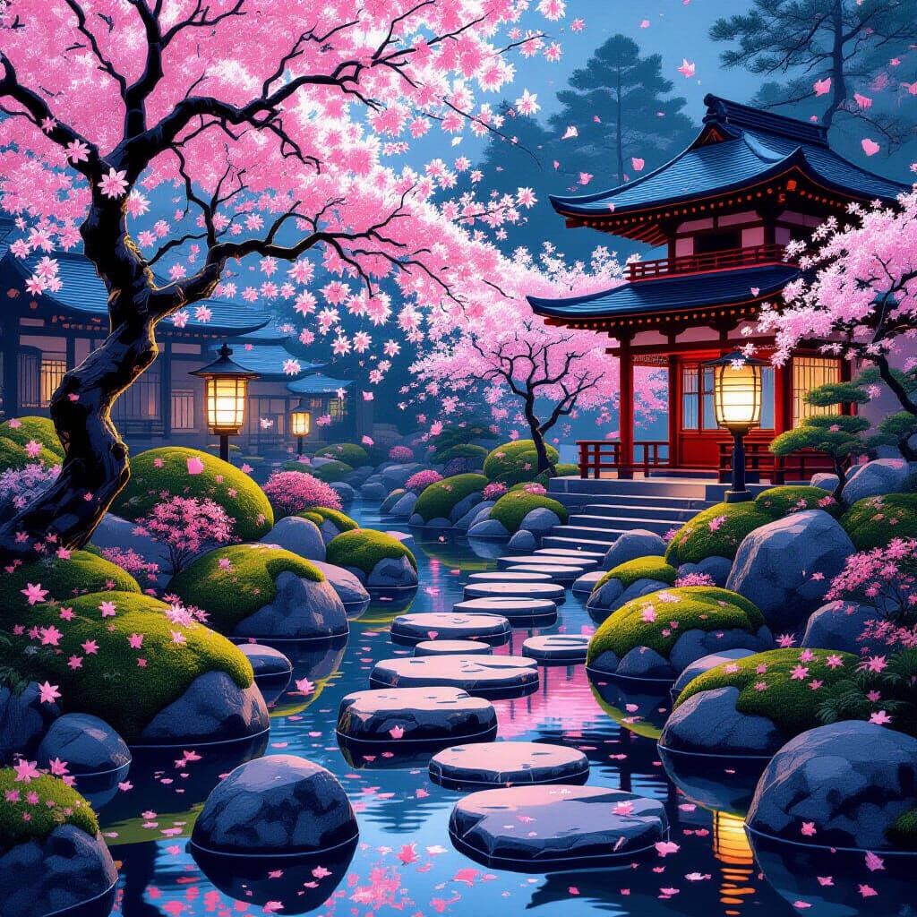 Japanese Garden at Twilight with Fractal Flowers