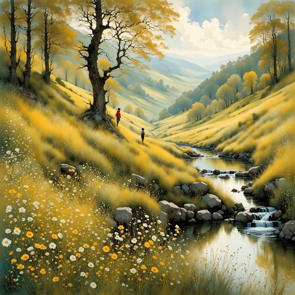 Woman in Flower Meadow, Impressionist Style