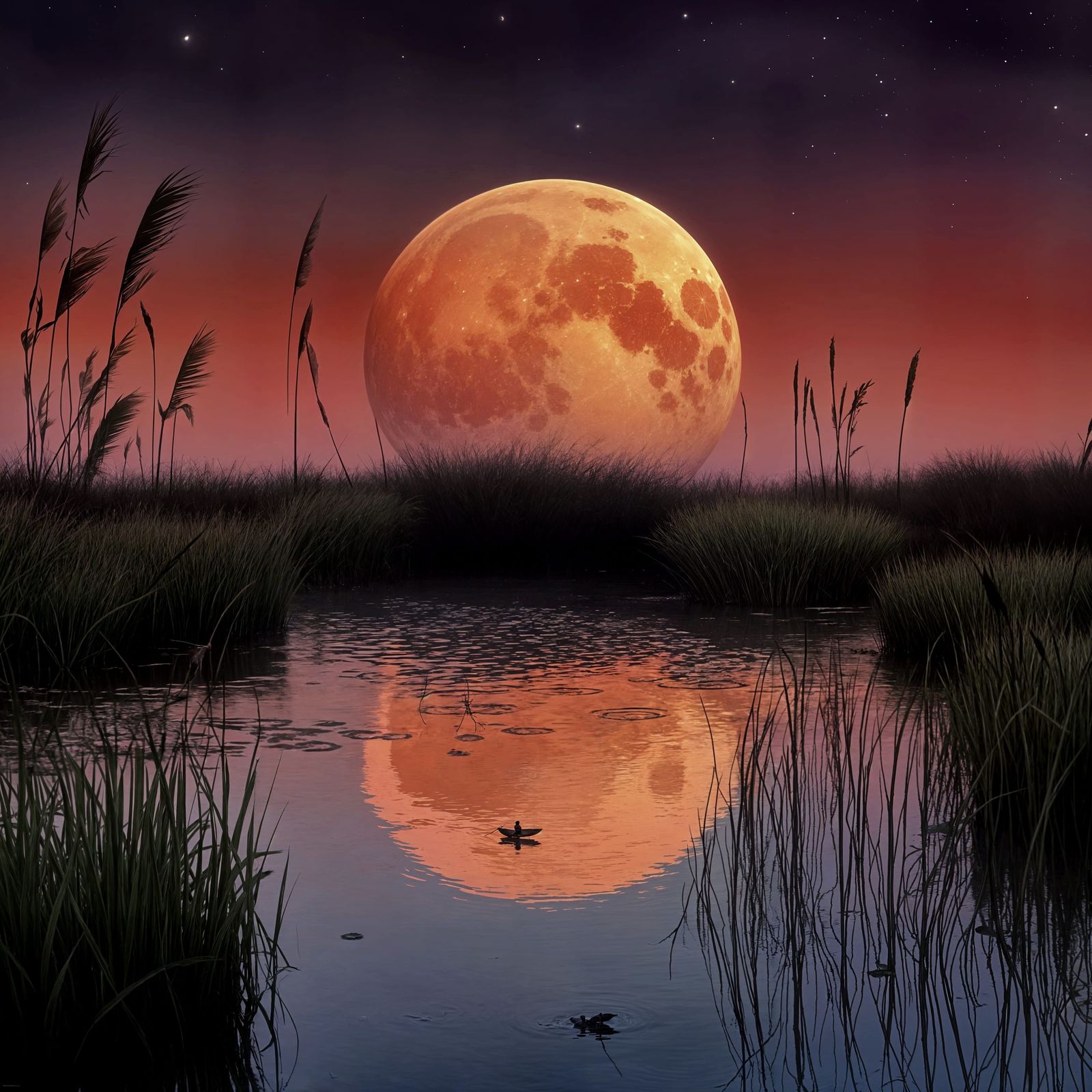 Large Orange Moon Reflects in Reed-Lined Pond
