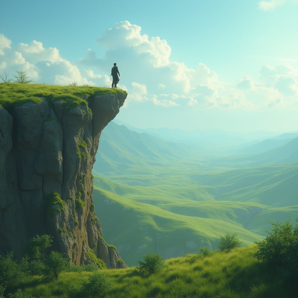 Surreal Fantasy Landscape with Cliff and Lush Green Grass