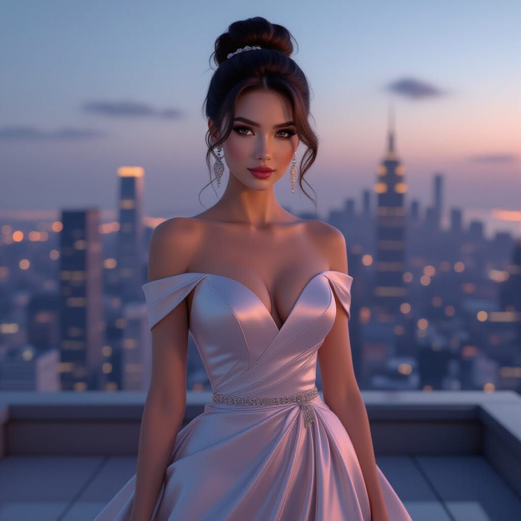Glamorous Model on Rooftop at Dusk