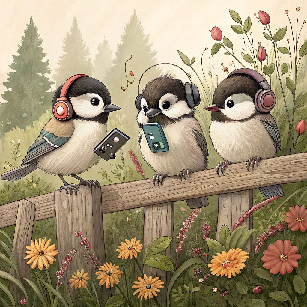Chickadees with Headphones on a Flower Fence