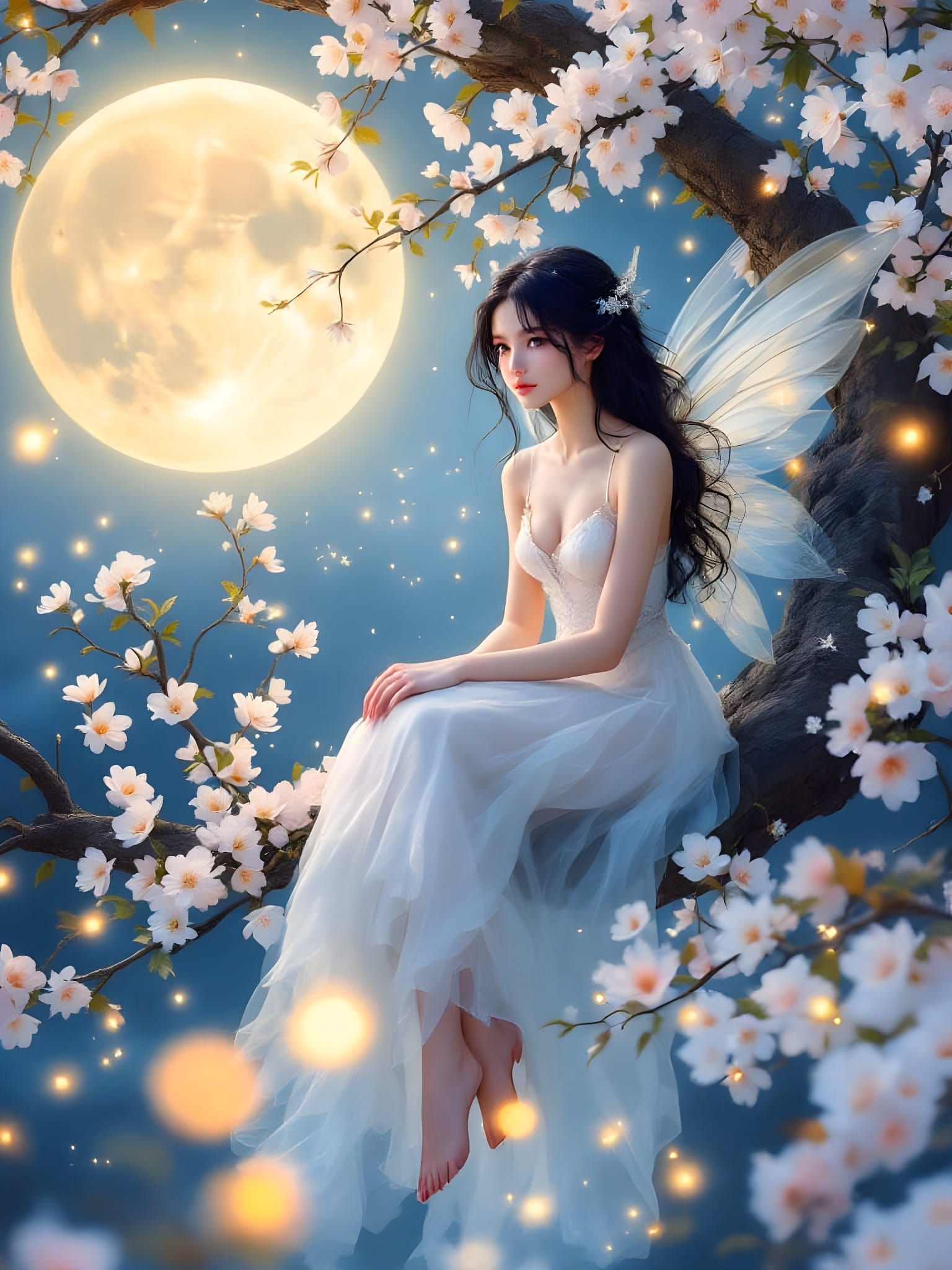 Fairy in Moonlit Garden with Cherry Blossoms and Fireflies