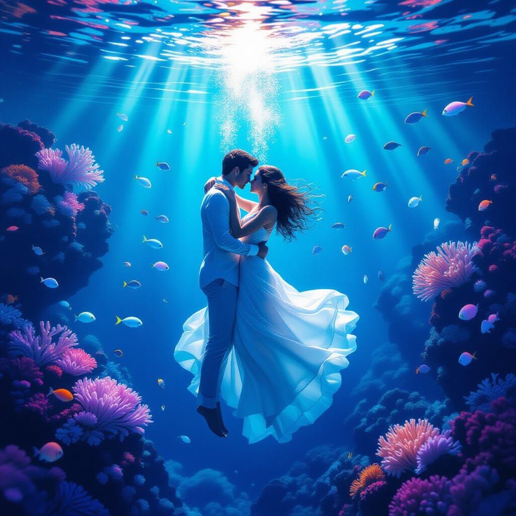 Ethereal Couple Embrace in Bioluminescent Underwater Scene