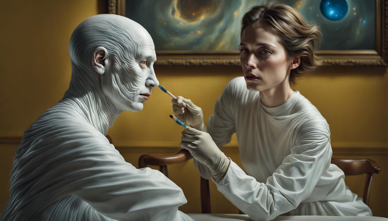 Surreal Portrait in White Laboratory: Detailed Matte Paintin...
