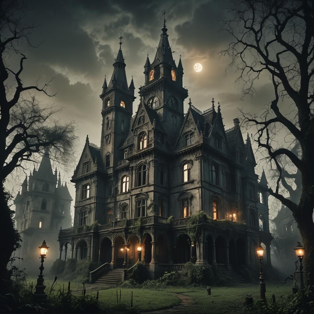 Eerie Gothic Mansion in Surrealist Style