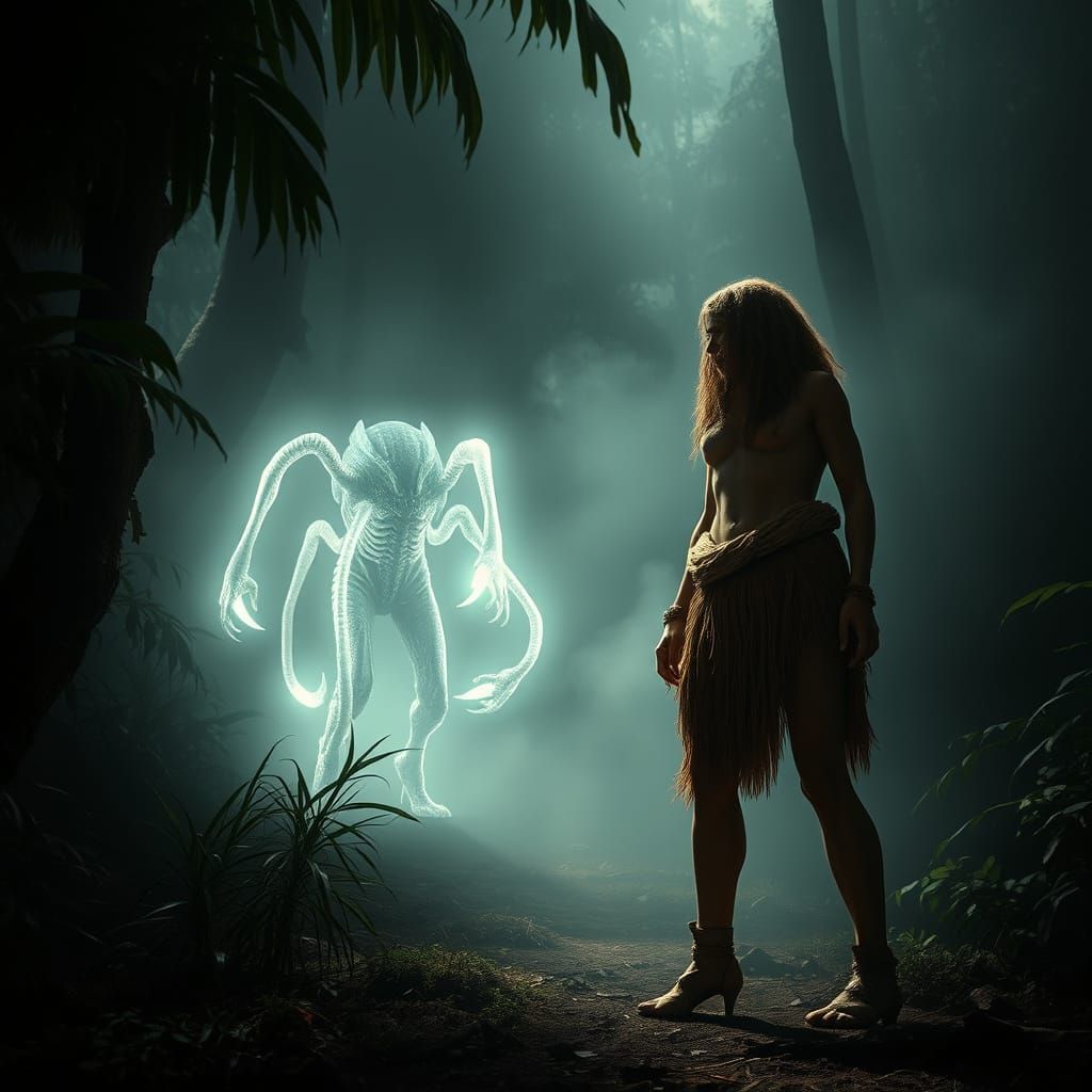 Prehistoric Woman Confronts Biomechanical Alien in Misty Jun...