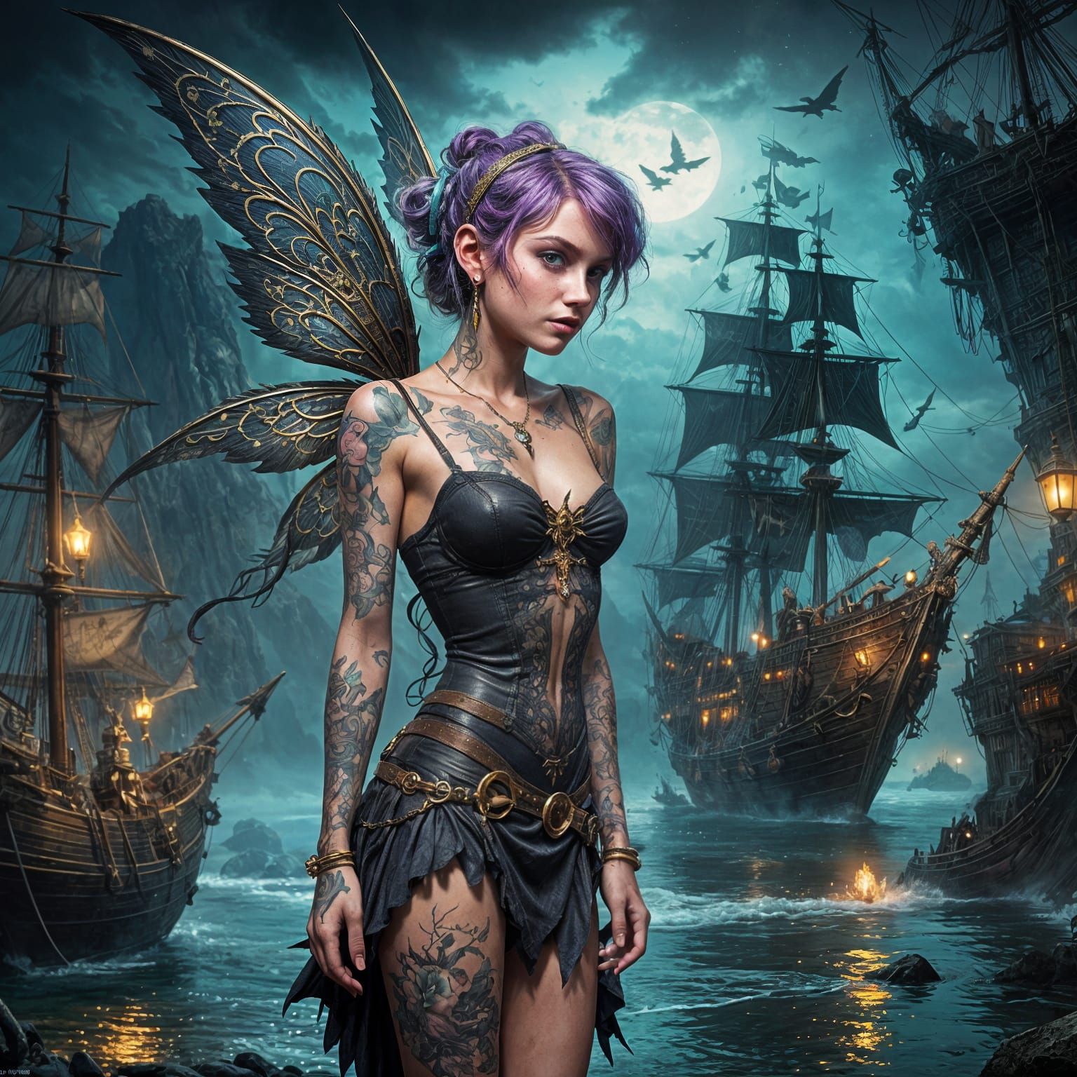 Dark Fairy over Pirate Cove, Hyperdetailed Concept Art