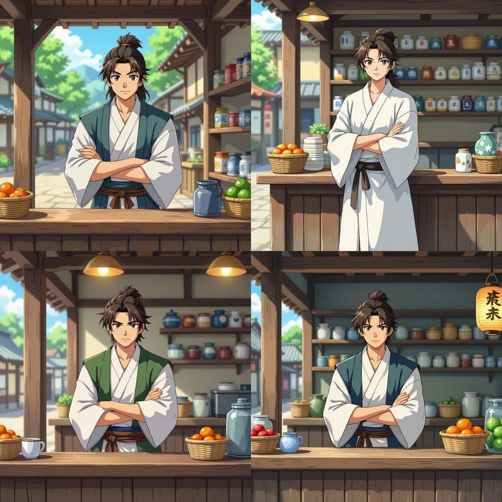 Anime Villager Shopkeeper in a Stylized Village Shop
