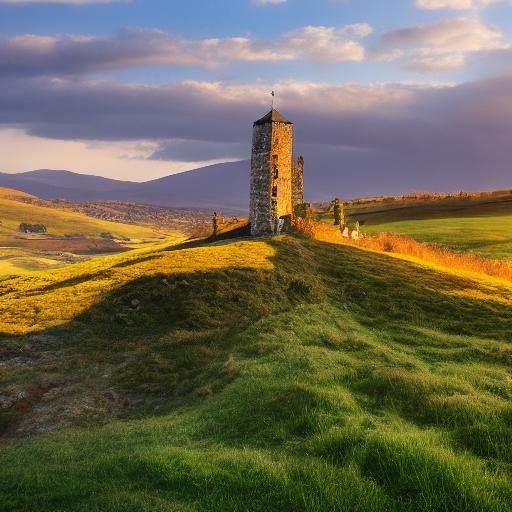 Medieval Watchtower Overlooking Hillside Ford, Impressionist...