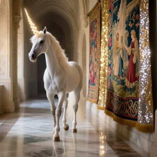 Elegant Unicorn Restores Castle Tapestries with Magic Horn