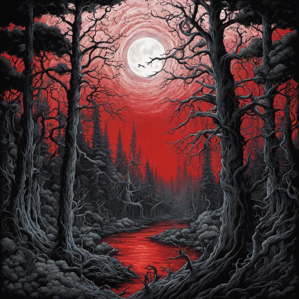 Eldritch Forest Under Red Moon in Gothic Style