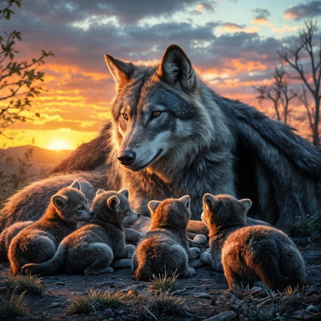 Wolf Mother in Majestic Hyperrealistic Nature Scene