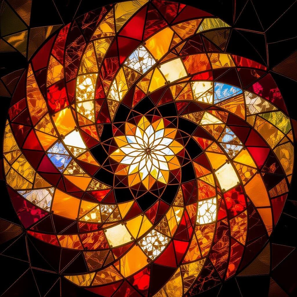Swirling Stained Glass Kaleidoscope in Amber and Gold