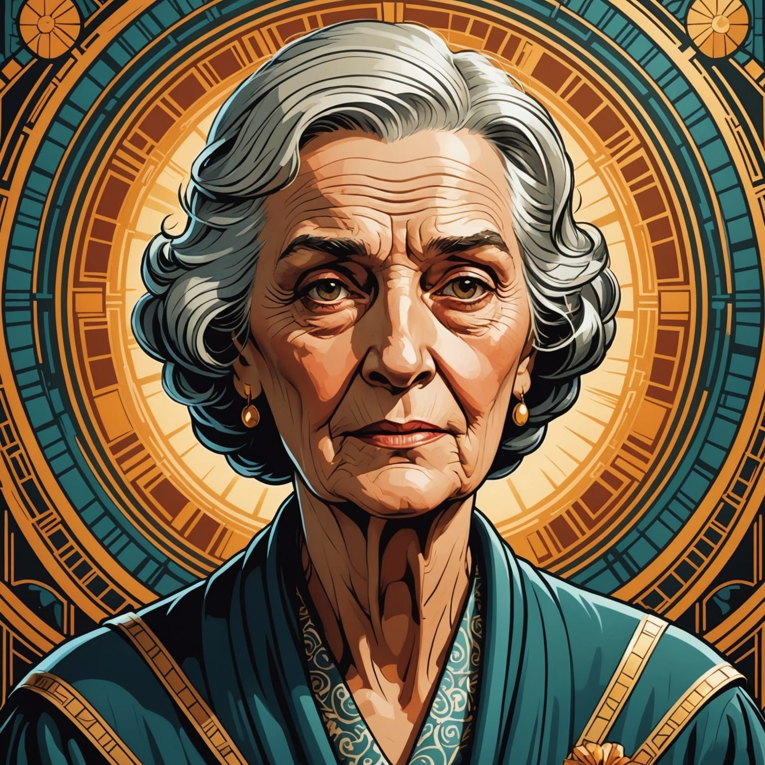 Elderly Woman in Art Deco Comic Book Style