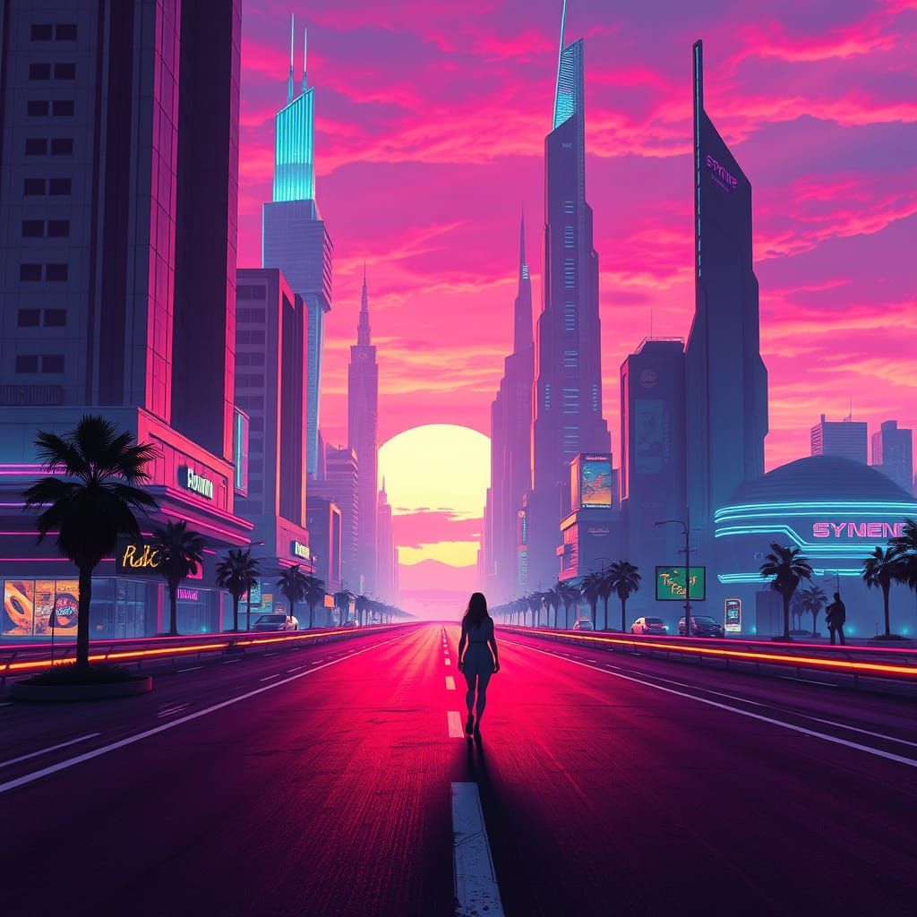 Futuristic Street Scene at Sunset in Cyberpunk Style