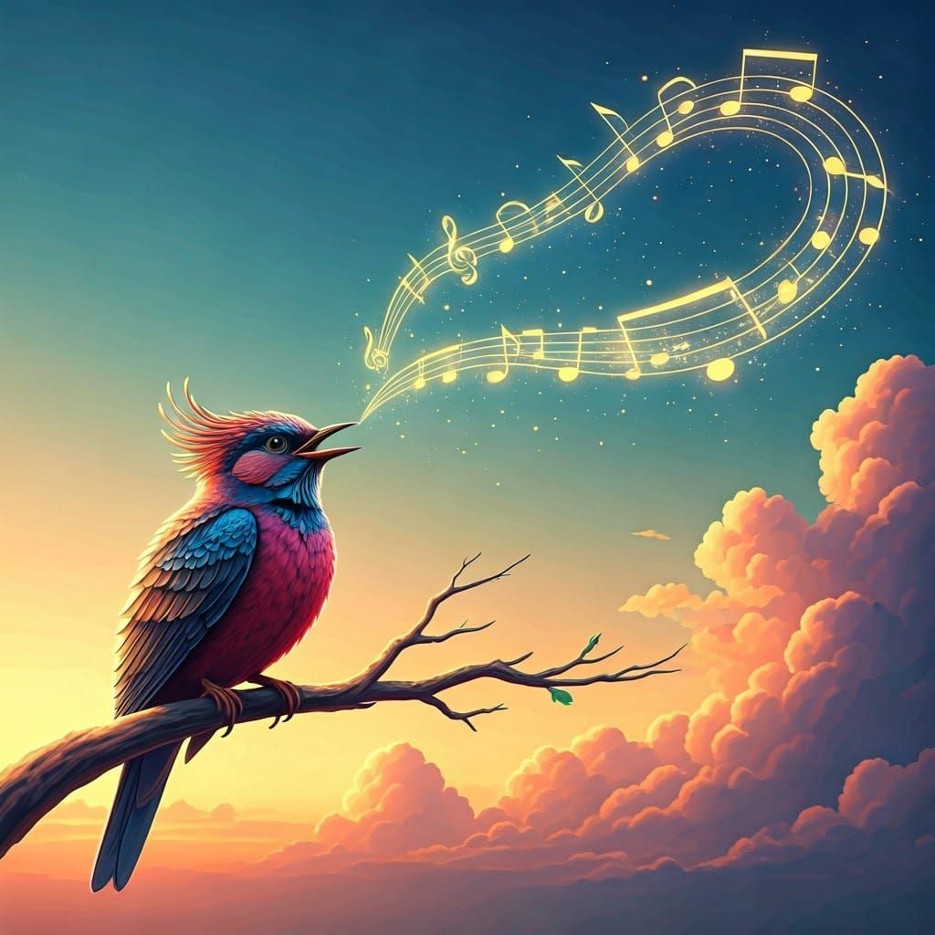 Iridescent Bird Singing in a Dreamy Pastel Landscape