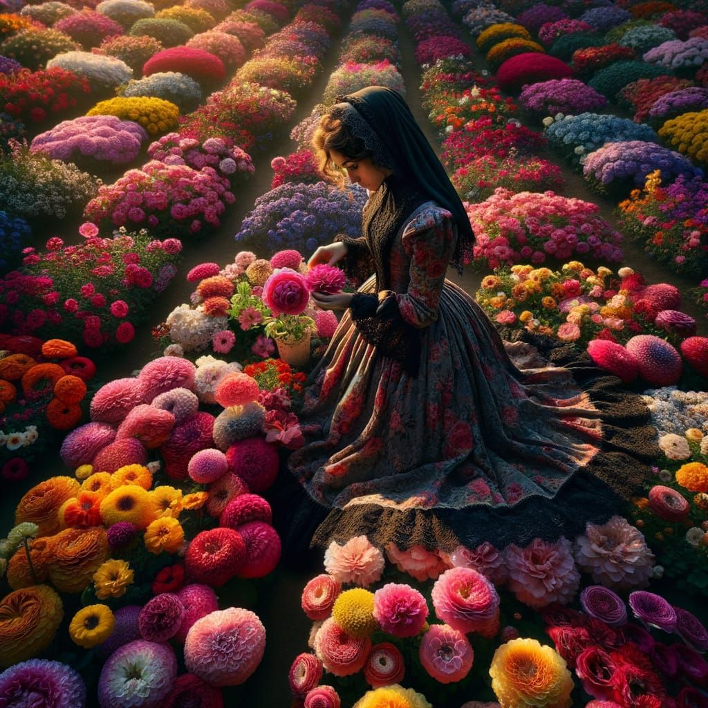 Victorian Woman Picking Flowers in Sunny Garden