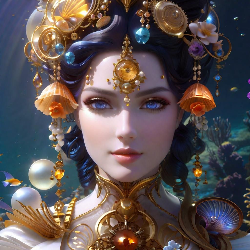Steampunk Underwater Portrait with Jewels and Fish