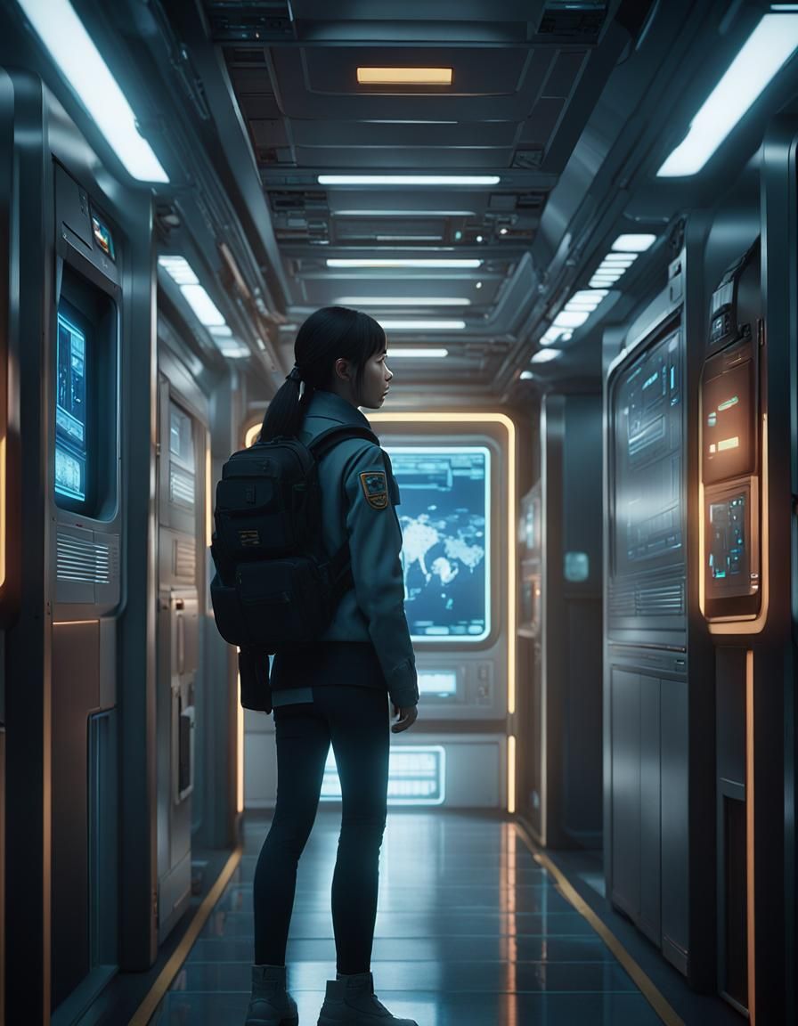 Hoshi Sato in Moody Enterprise Corridor: Hyperrealistic Film...