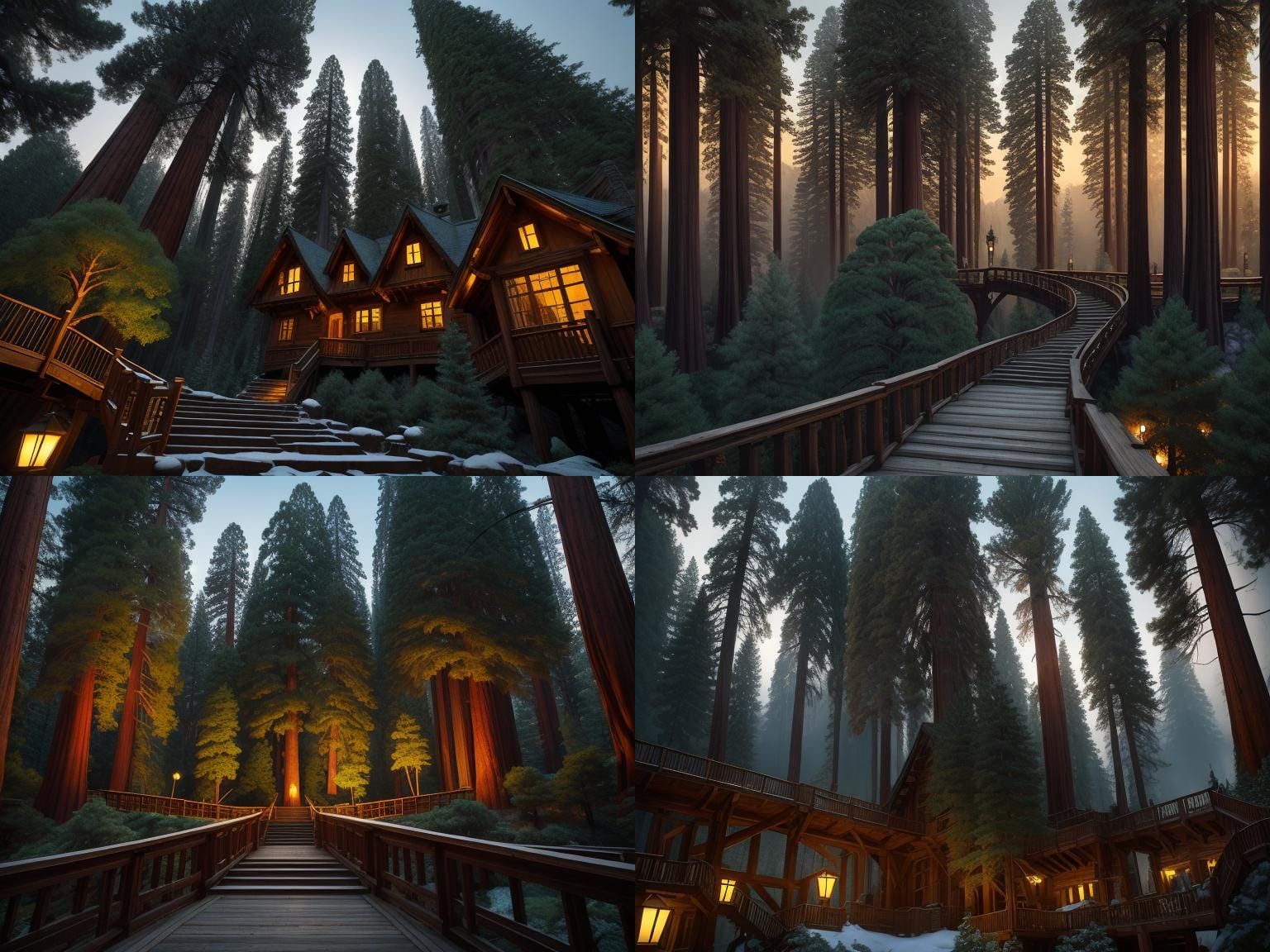 Sequoia City: Hyperrealistic Forest Homes at Dawn