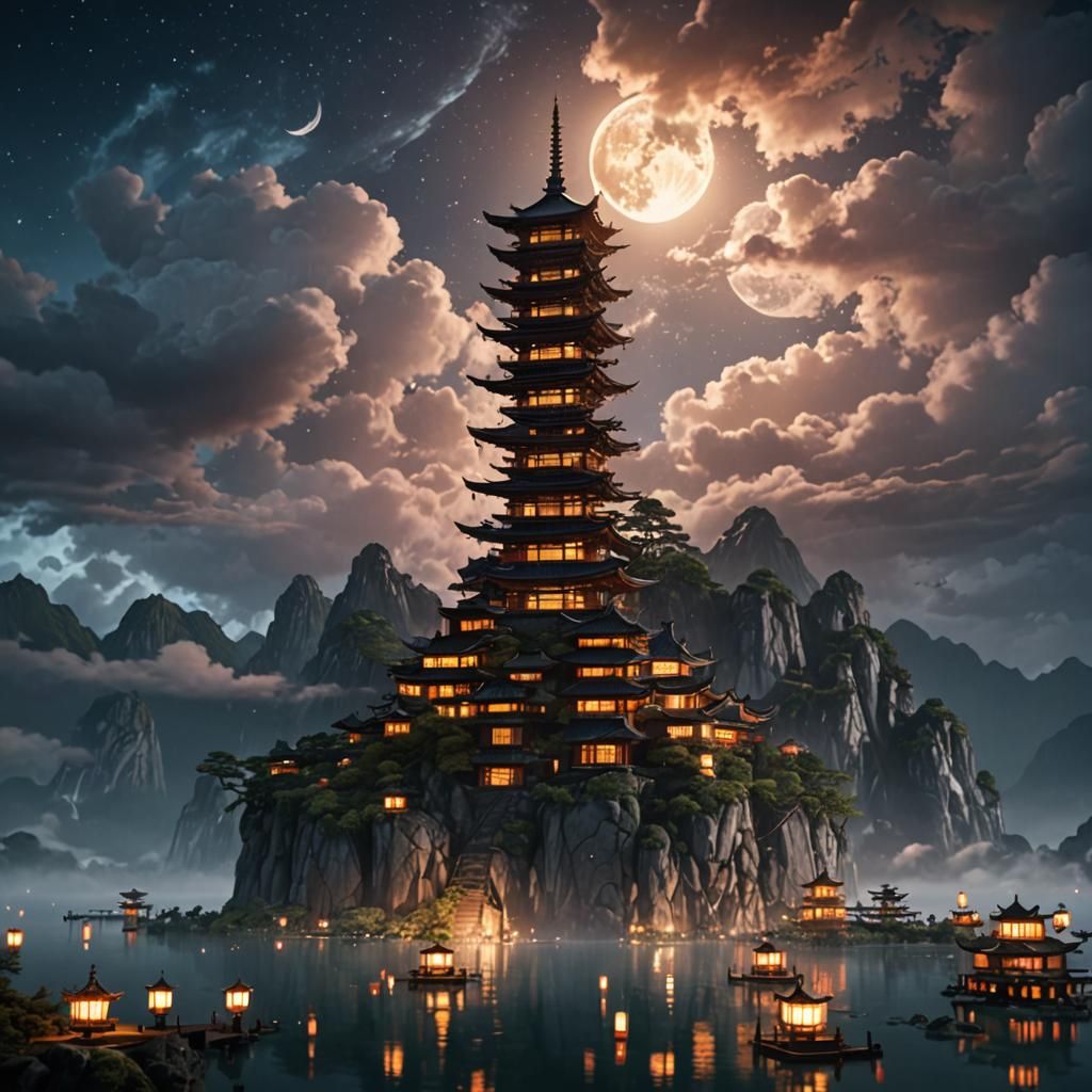 Fantasy Japanese Building in Moonlight
