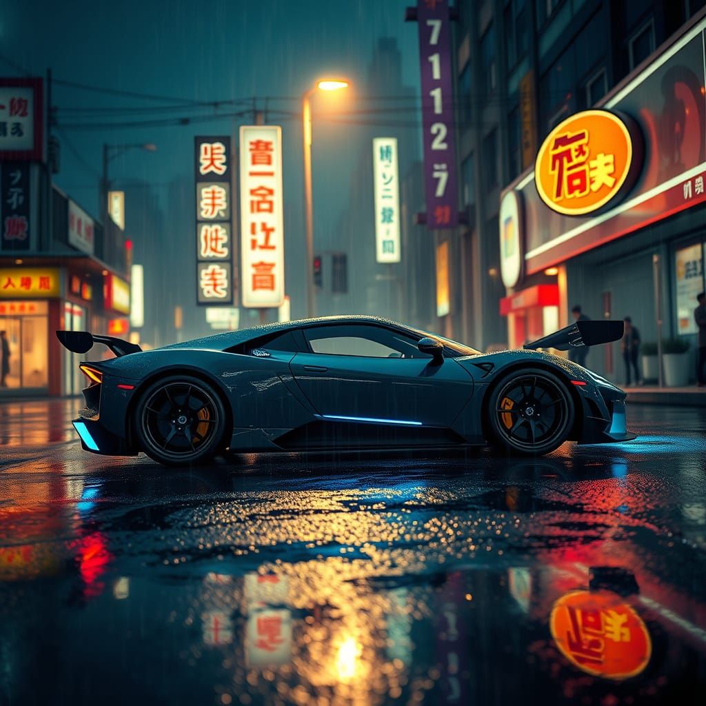 Cyberpunk Sports Car in Neon Cityscape