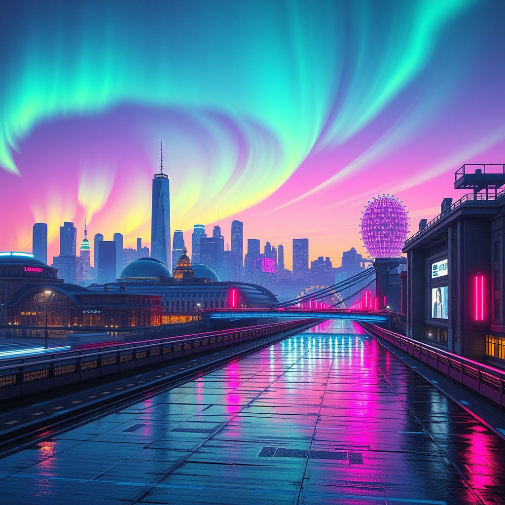 Futuristic London Cityscape with Northern Lights and Synthwa...