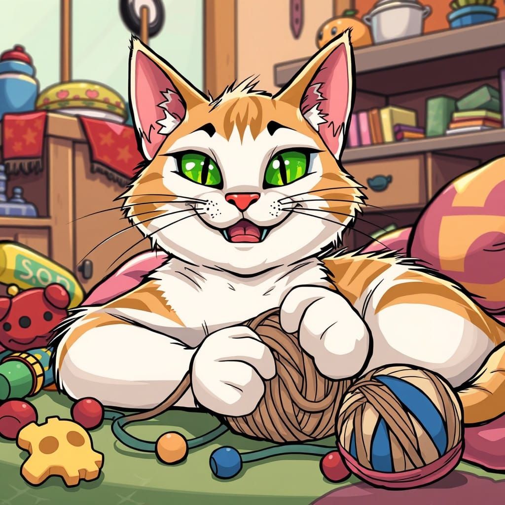 Sleek Cartoon Cat Pounces on Yarn in Whimsical Home Scene