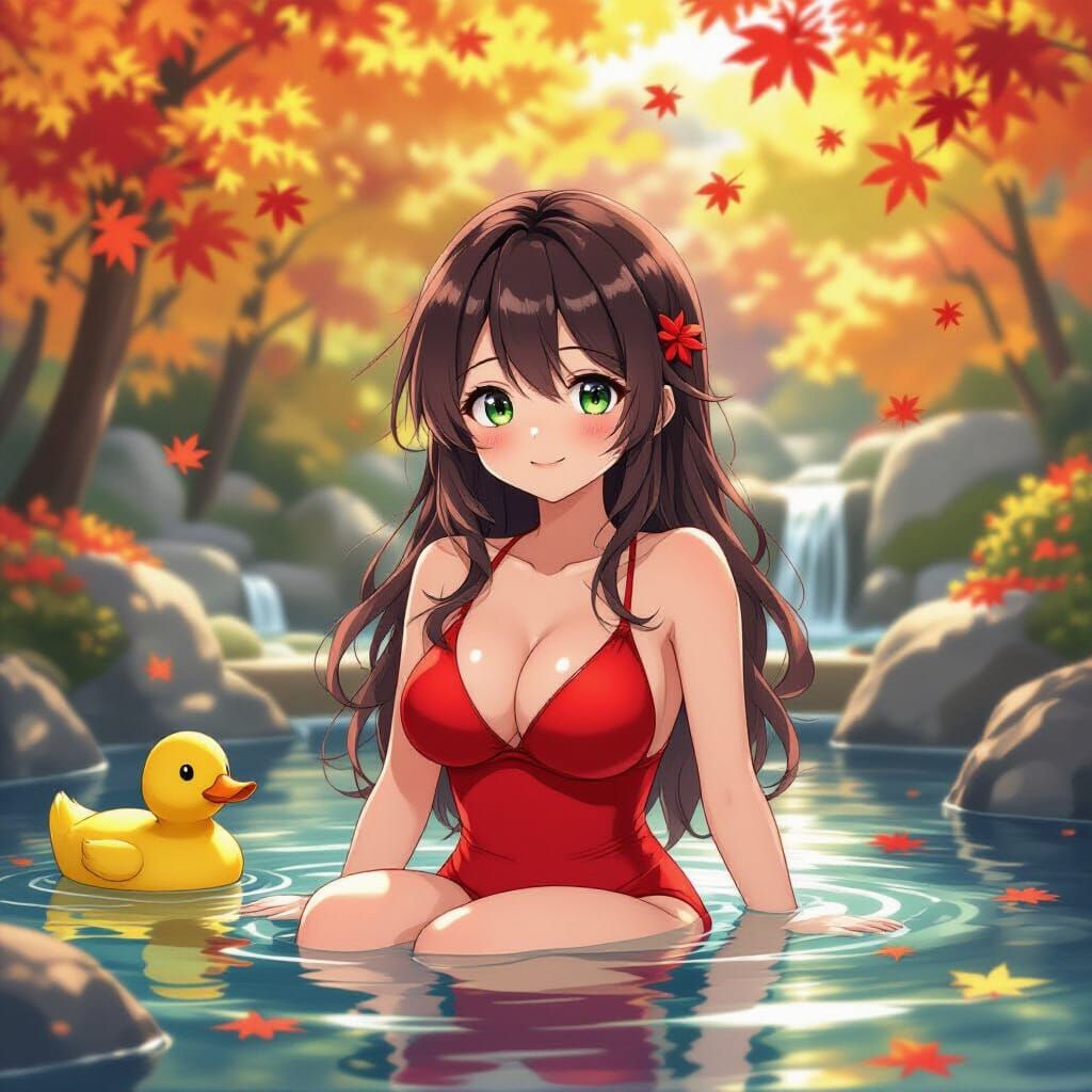 Anime Woman in Hot Springs, Vibrant Cel-Shaded Style