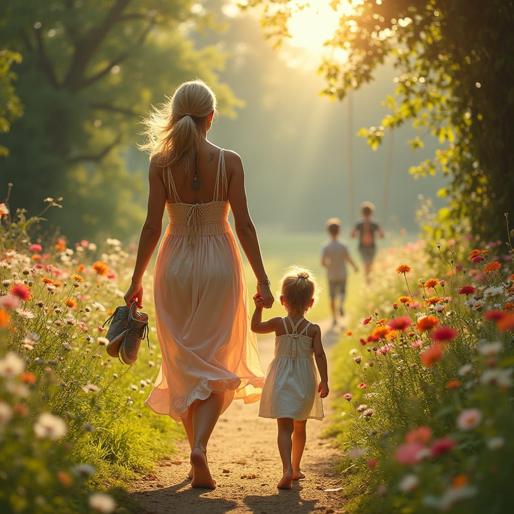 Grandmother and Grandchild in Sunlit Garden