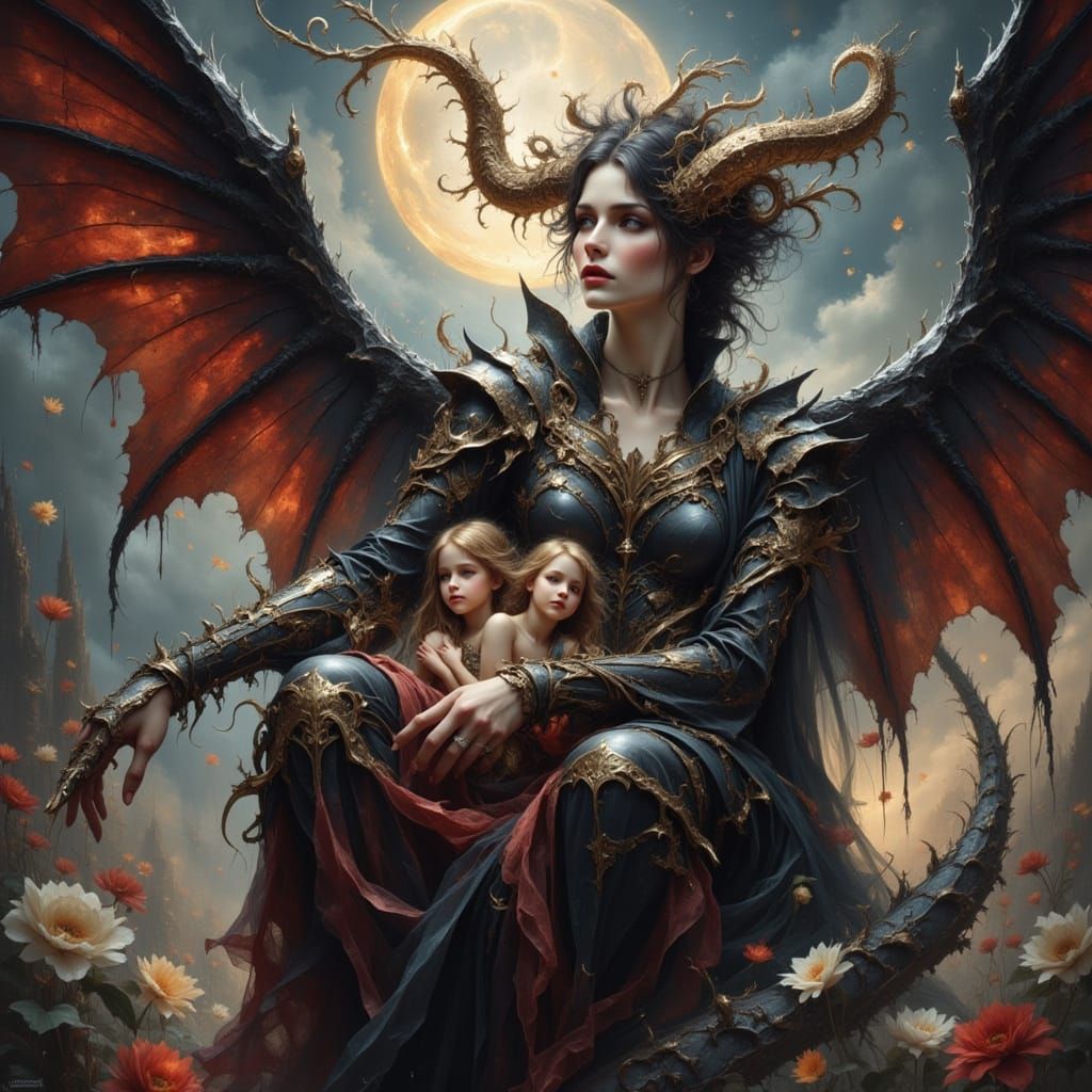 Neo-Baroque Sky Beast Cradling Metallic Orphans