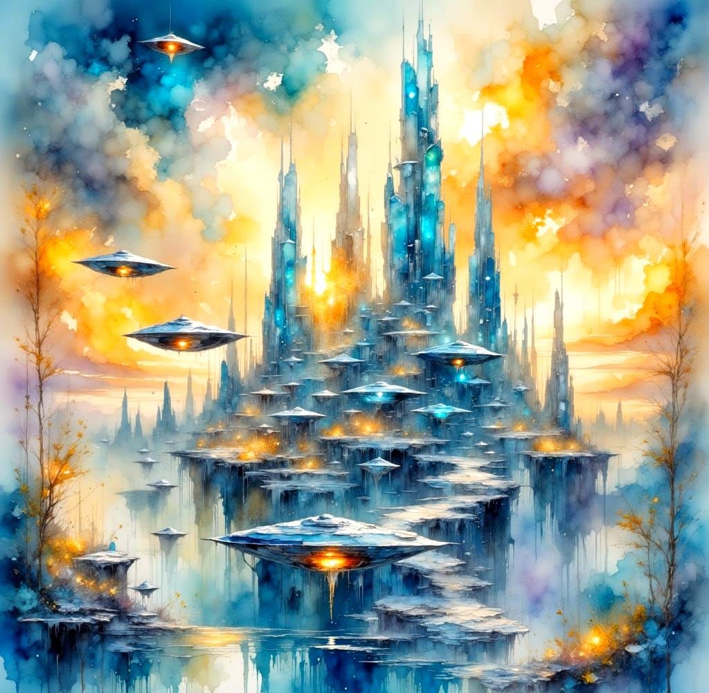 Glowing Futurist Cityscape in Watercolor Oil Painting Style