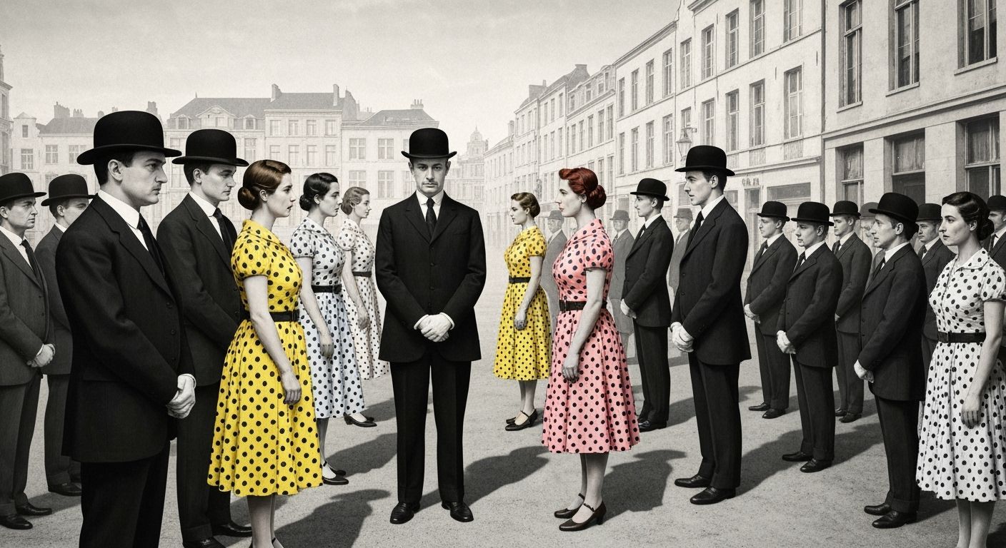Surreal Belgian Scene: Men in Hats Watch Women in Polka Dots