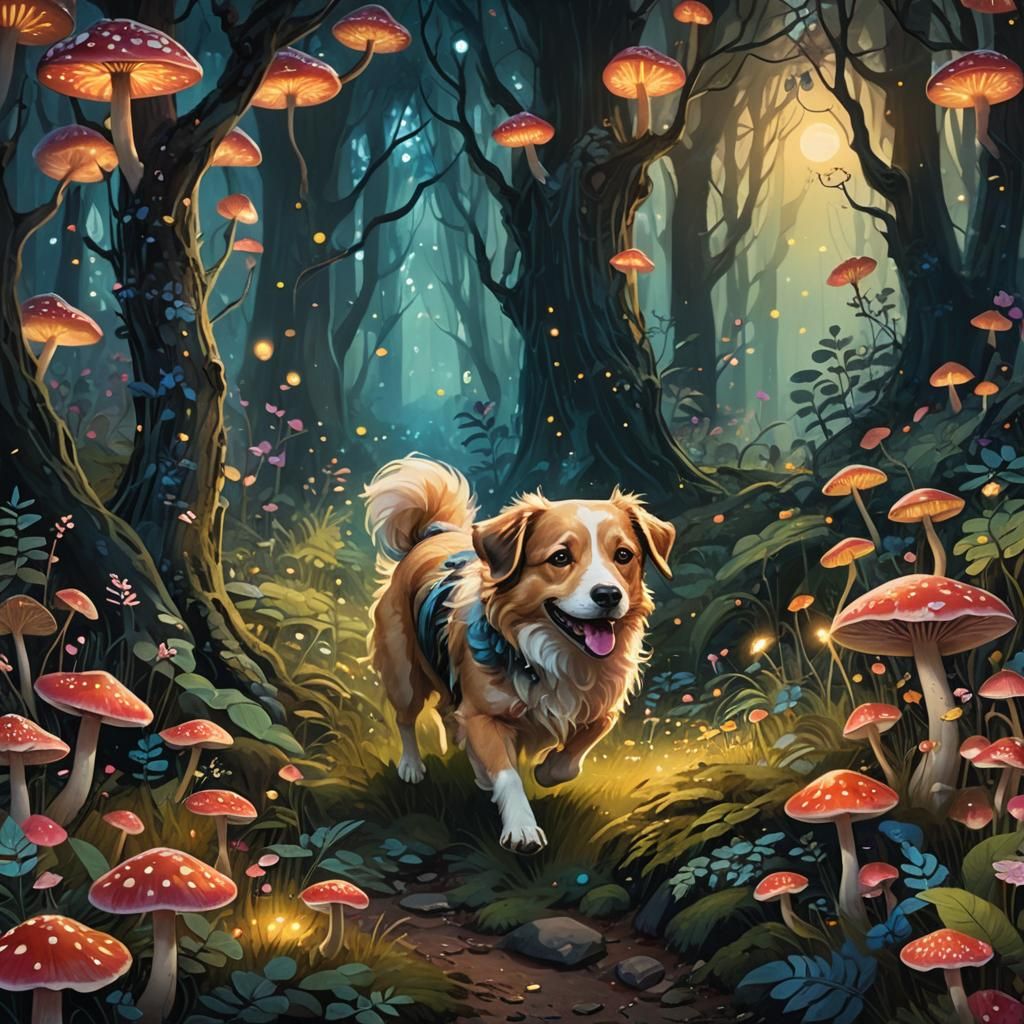 Cute Dog in Enchanted Forest, Fantasy Matte Painting