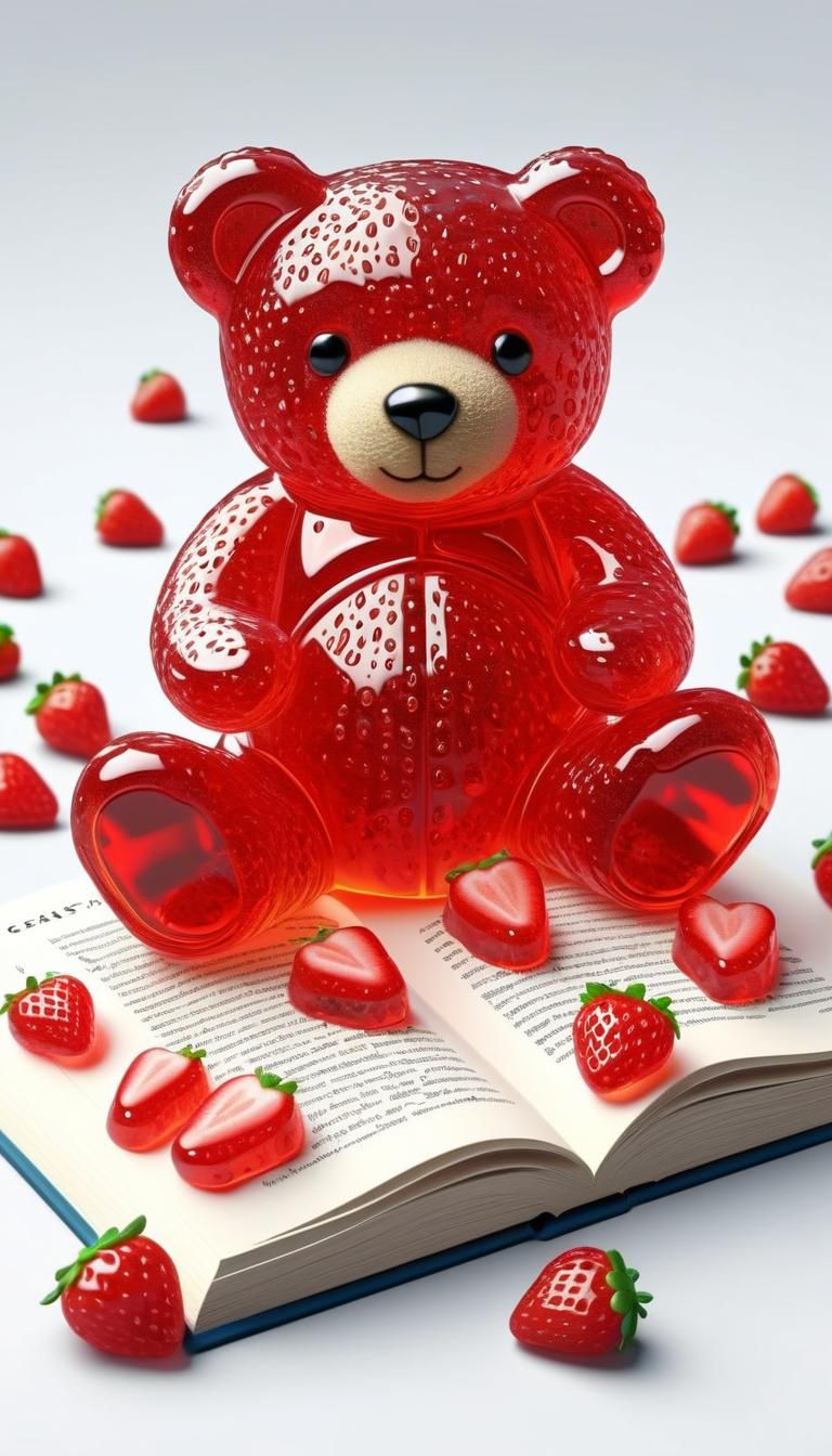 Strawberry gelatin gummy Bear 🐻 cute, peaceful, delight, happy, cute, illustration, teddy bear shape, less realistic, f...