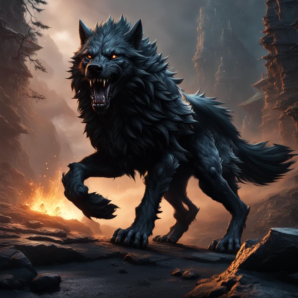 Fearsome Black Dire Wolf Fantasy Concept Art