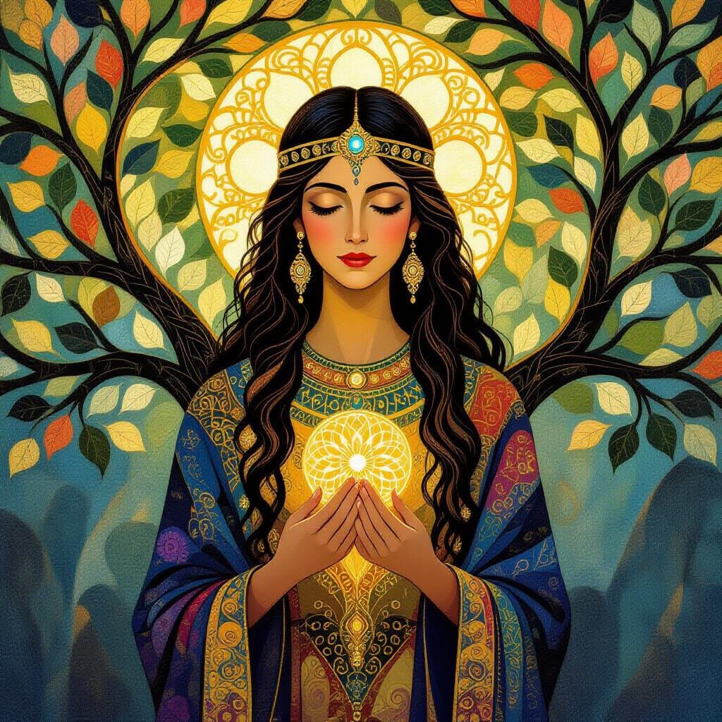 Asherah: Hebrew Tree Goddess in Luminous Golden Light