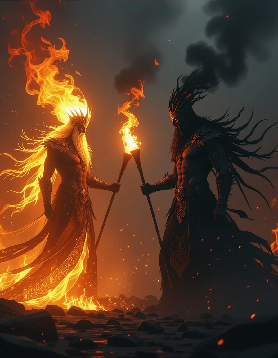 Golden Fire Spirit Meets Ash Spirit Holding a Burning Torch