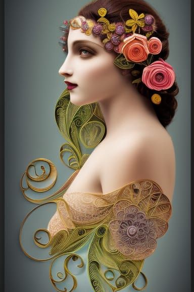 Symmetrical Woman with Roses, Art Nouveau Style
