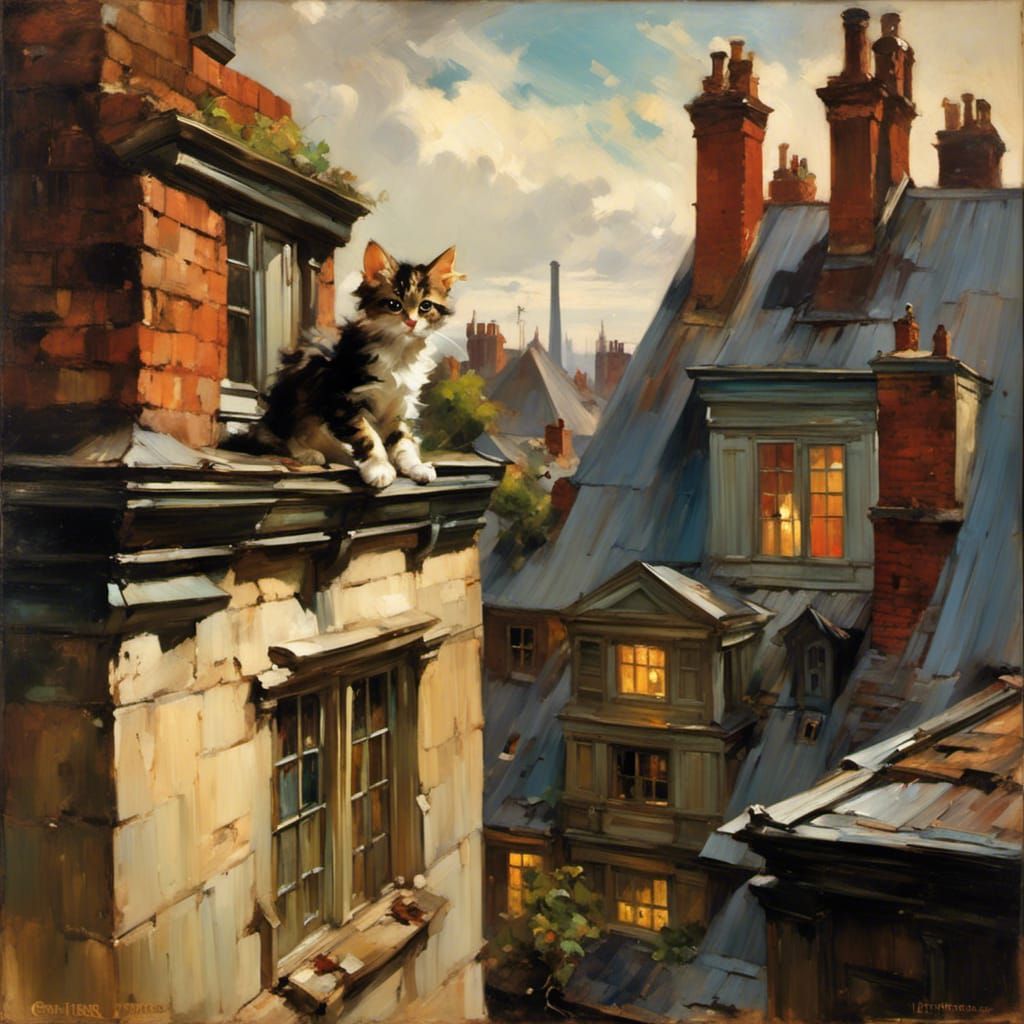 Kitten Jumps on Victorian Roof in Chiaroscuro Style