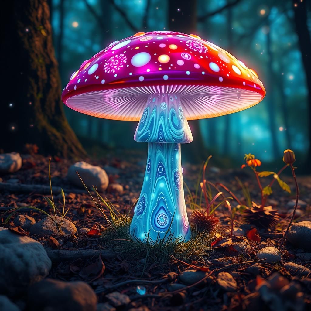 Enamelled Glass Mushroom in Woodland: Mixed Media