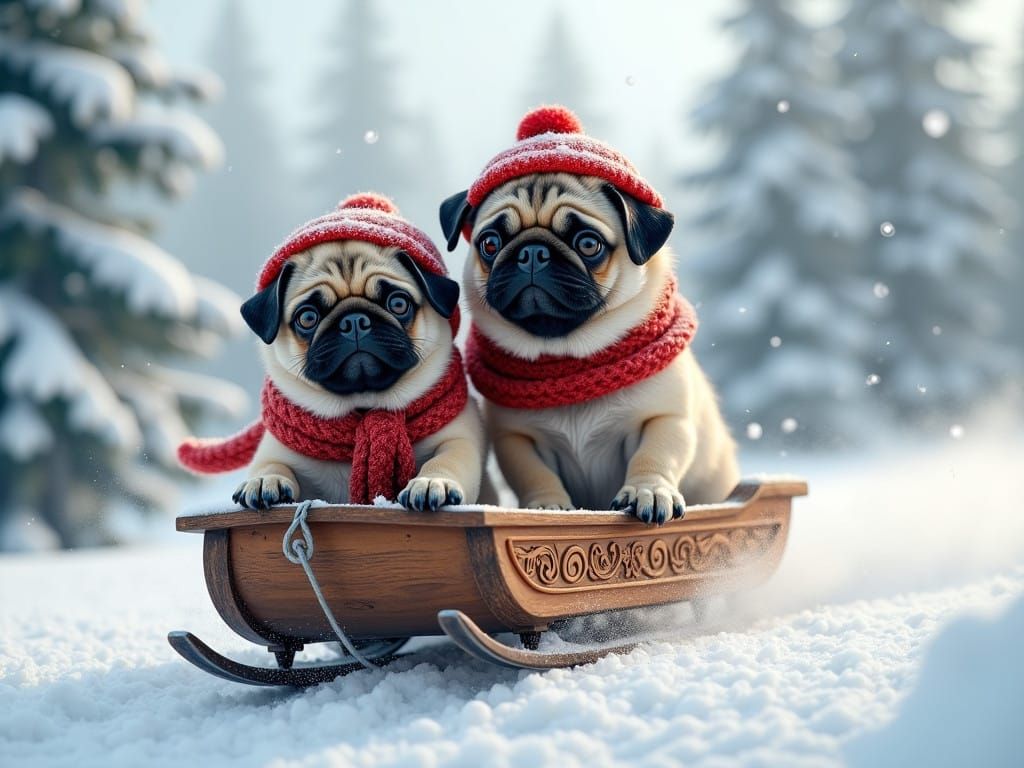 Two Pugs Speed Down a Snowy Hill in a Vintage Sled