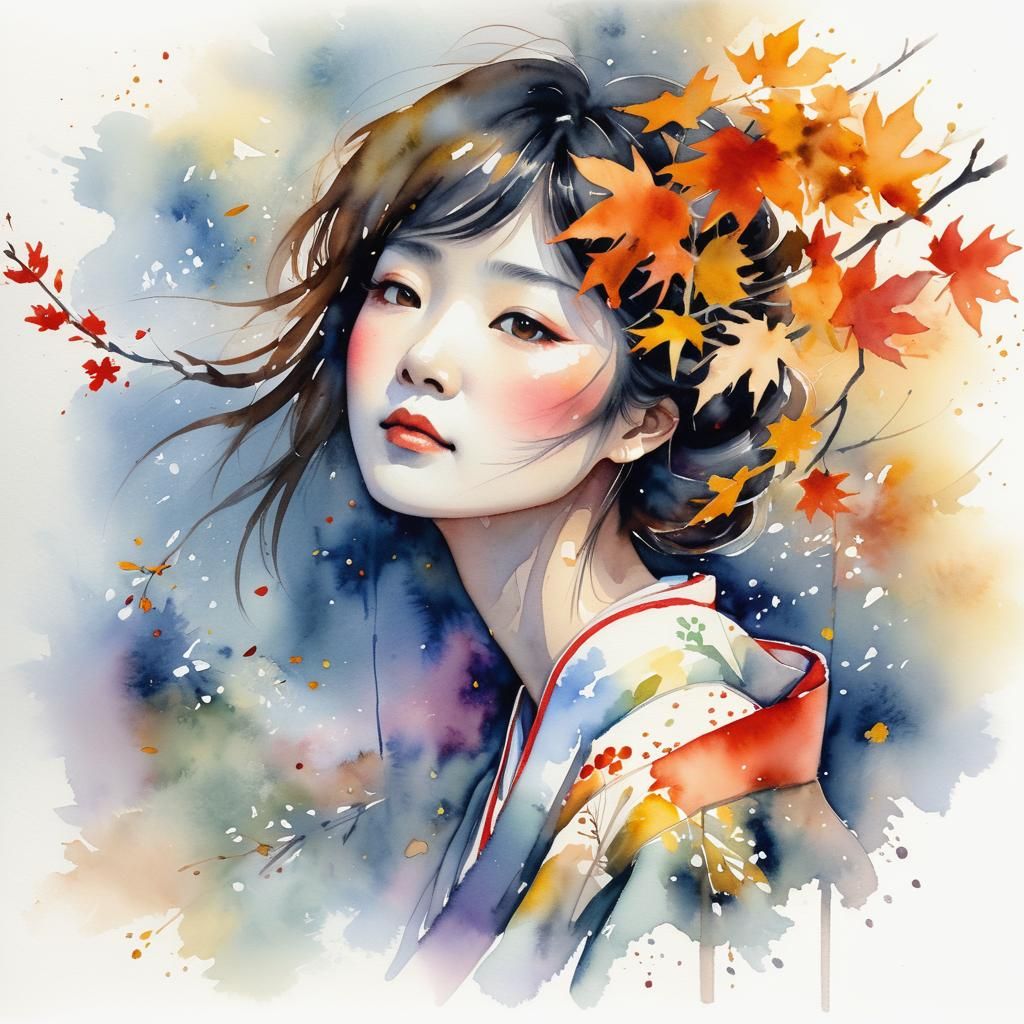 Woman in Kimono in Vibrant Autumn Landscape