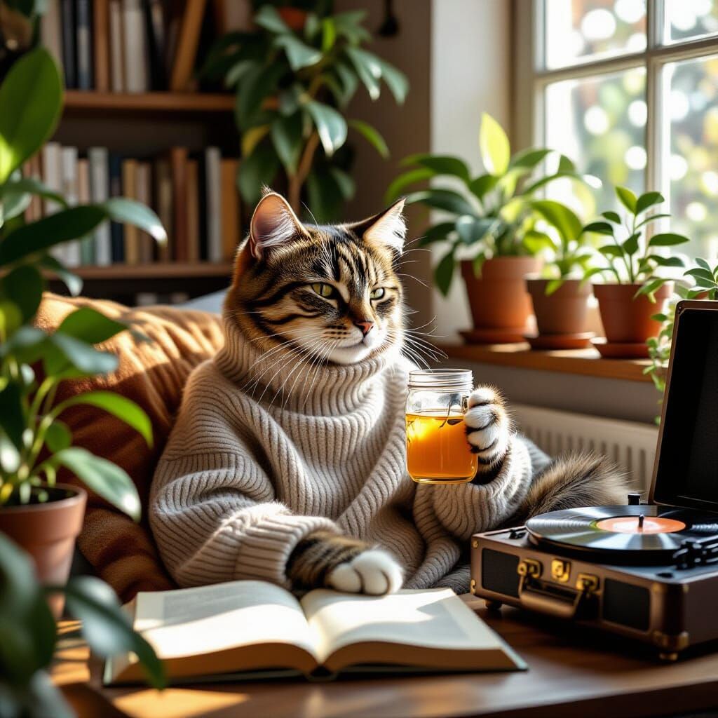 Millennial Cat in Cozy Workspace, Hyperrealistic Style