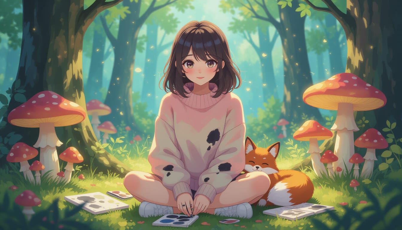 Dreamy Anime Woman in Forest, 3D Art Style