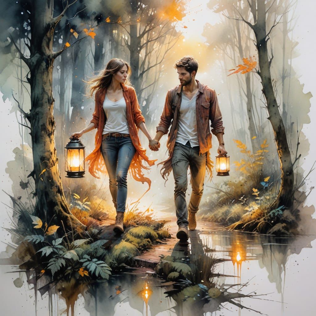 Romantic Couple in Magical Forest: Watercolour Art